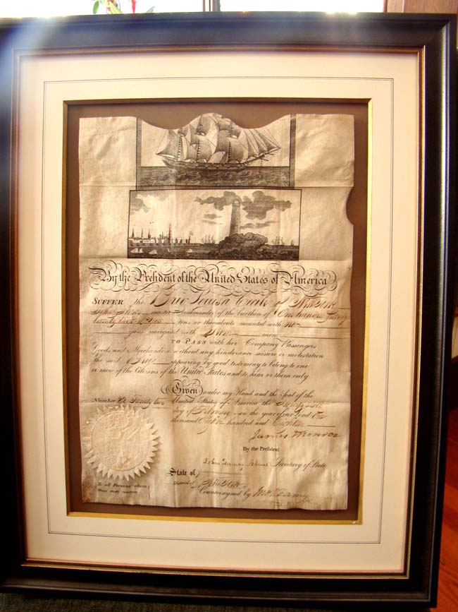 A superb Meditteranean Ships Passport document signed on February 26, 1818 by President James Monroe and Secretary of State and future President John Quincy Adams. — image 3